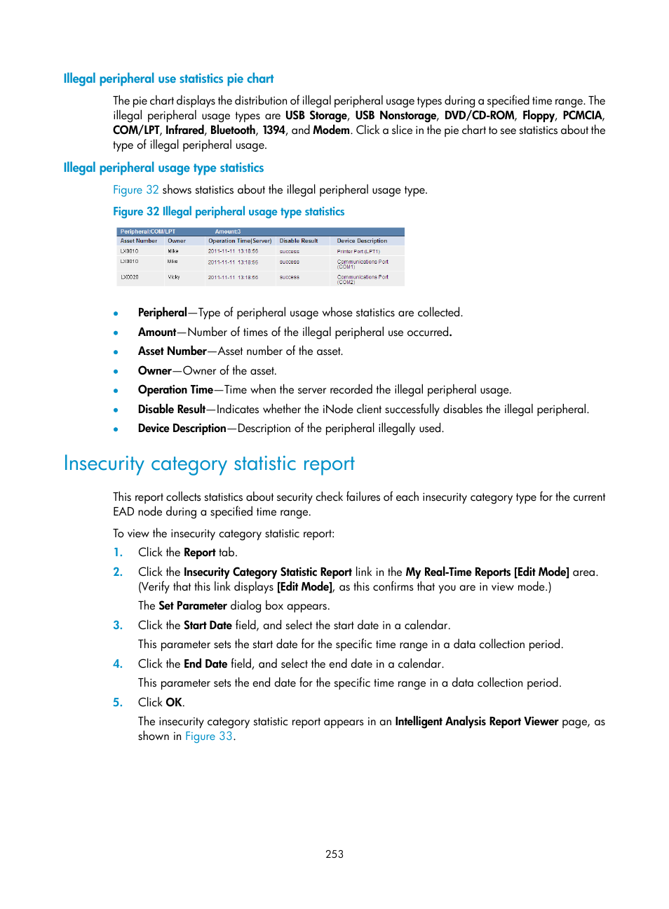 Illegal peripheral use statistics pie chart, Illegal peripheral usage type statistics, Insecurity category statistic report | H3C Technologies H3C Intelligent Management Center User Manual | Page 269 / 327
