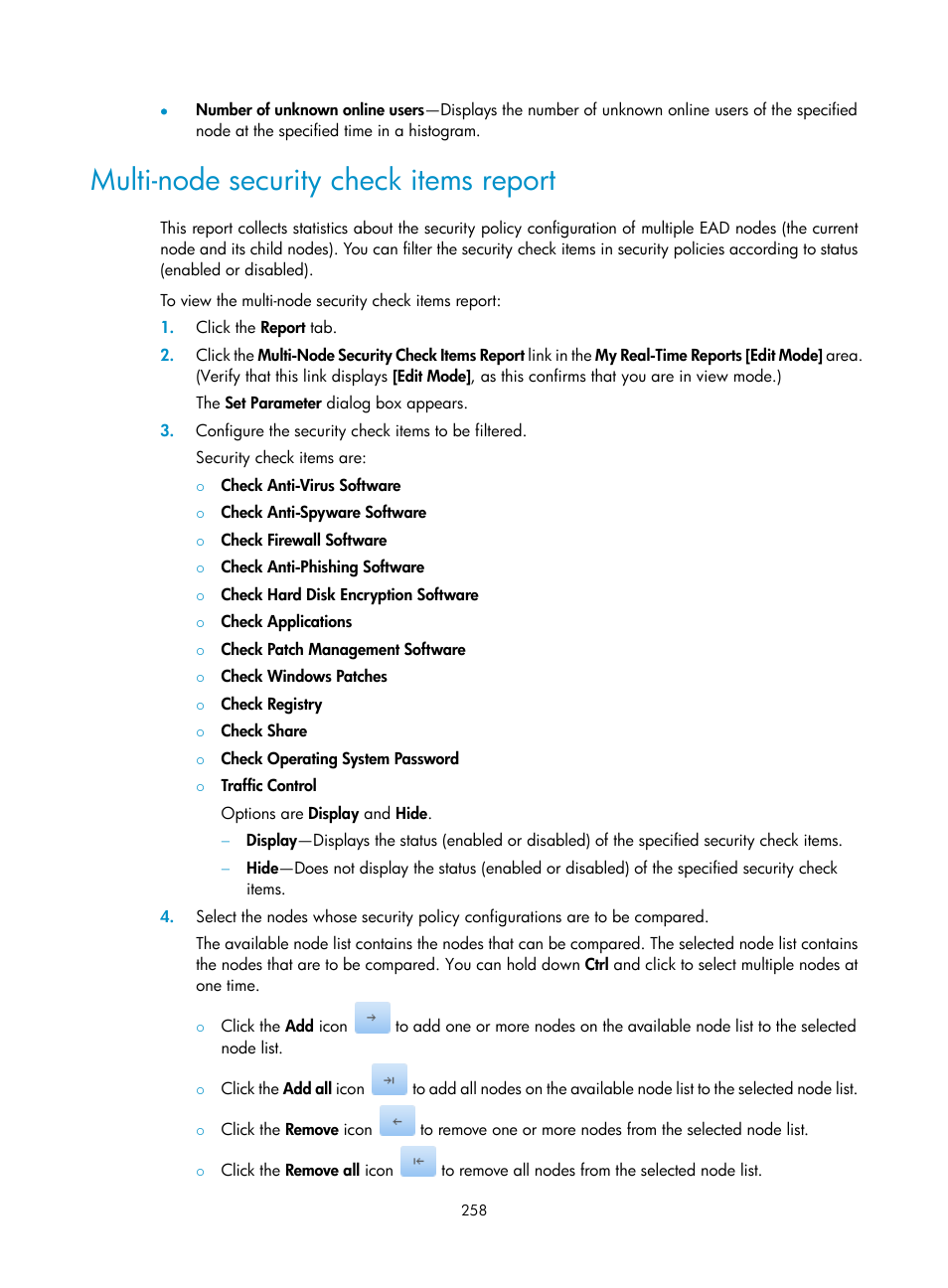 Multi-node security check items report | H3C Technologies H3C Intelligent Management Center User Manual | Page 274 / 327