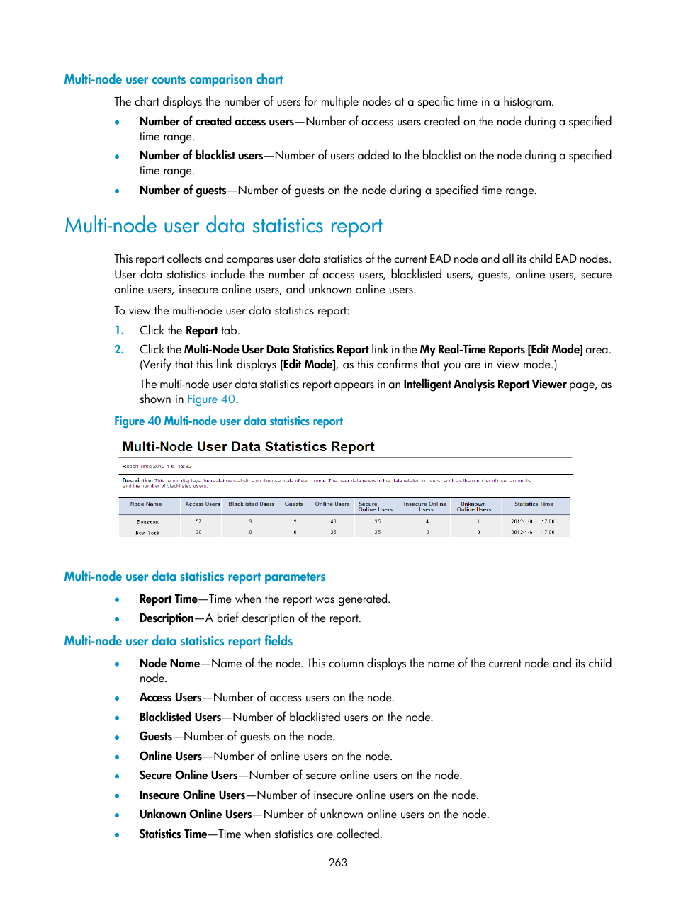 Multi-node user counts comparison chart, Multi-node user data statistics report, Multi-node user data statistics report parameters | Multi-node user data statistics report fields | H3C Technologies H3C Intelligent Management Center User Manual | Page 279 / 327