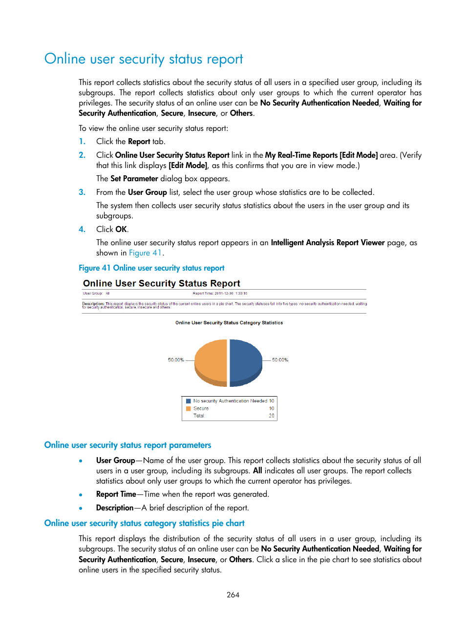 Online user security status report, Online user security status report parameters | H3C Technologies H3C Intelligent Management Center User Manual | Page 280 / 327