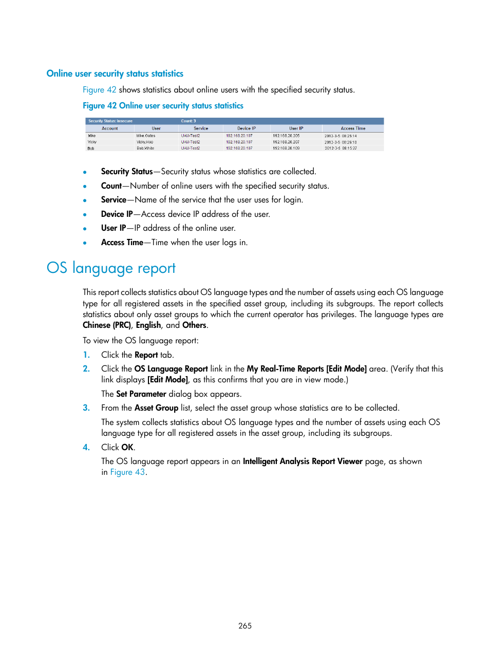 Online user security status statistics, Os language report | H3C Technologies H3C Intelligent Management Center User Manual | Page 281 / 327
