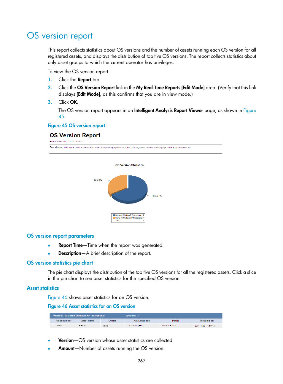 Os version report, Os version report parameters, Os version statistics pie chart | Asset statistics | H3C Technologies H3C Intelligent Management Center User Manual | Page 283 / 327