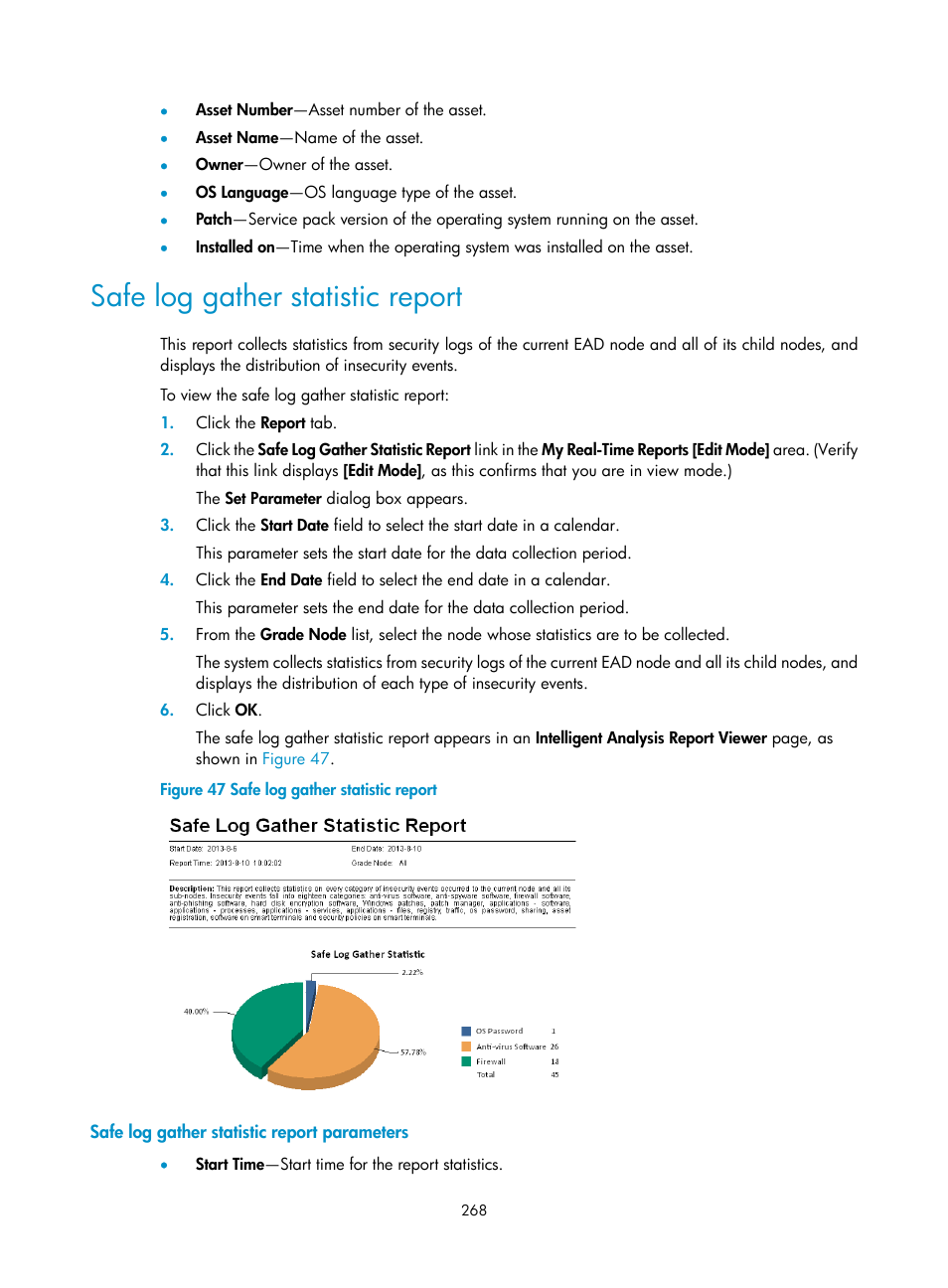 Safe log gather statistic report, Safe log gather statistic report parameters | H3C Technologies H3C Intelligent Management Center User Manual | Page 284 / 327