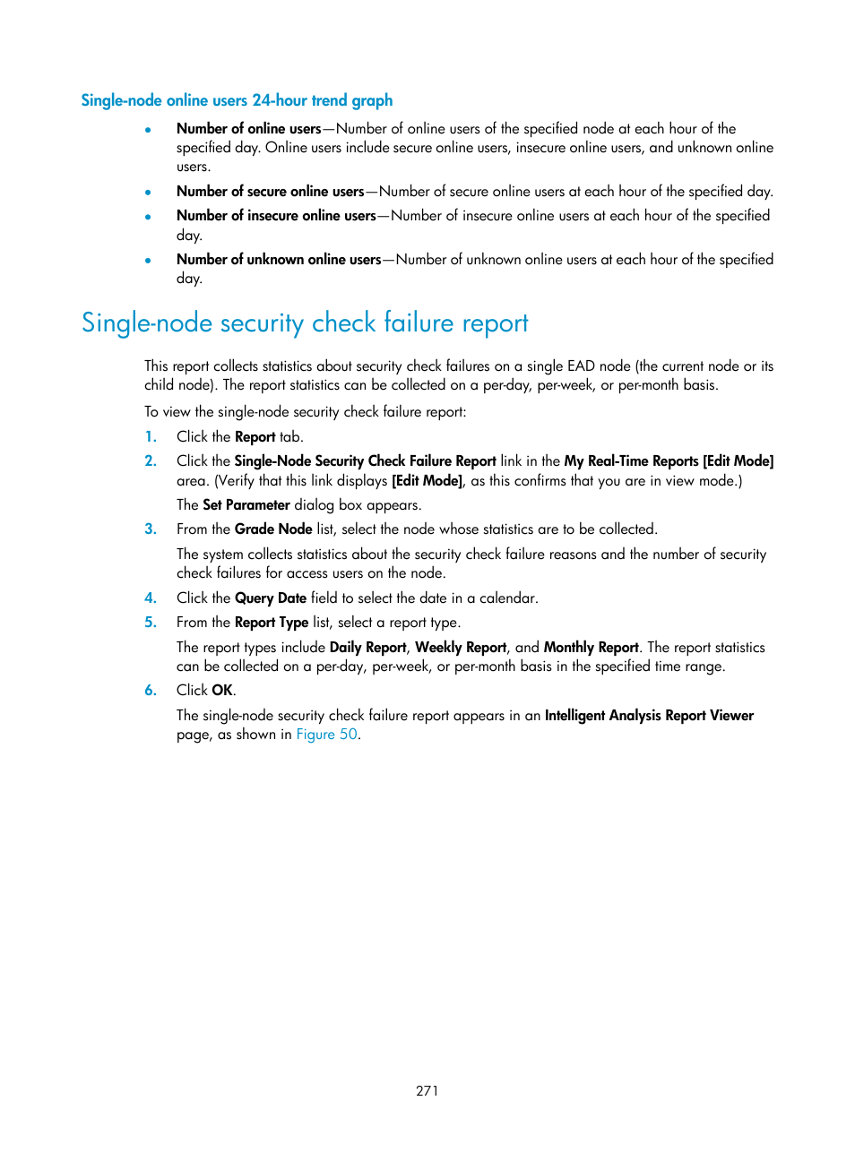 Single-node online users 24-hour trend graph, Single-node security check failure report | H3C Technologies H3C Intelligent Management Center User Manual | Page 287 / 327