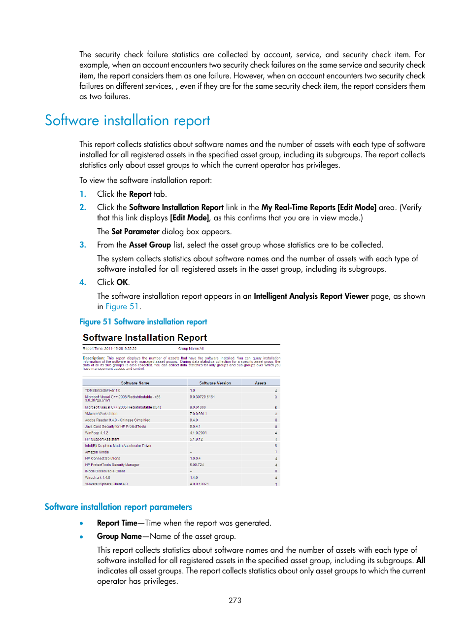 Software installation report, Software installation report parameters | H3C Technologies H3C Intelligent Management Center User Manual | Page 289 / 327