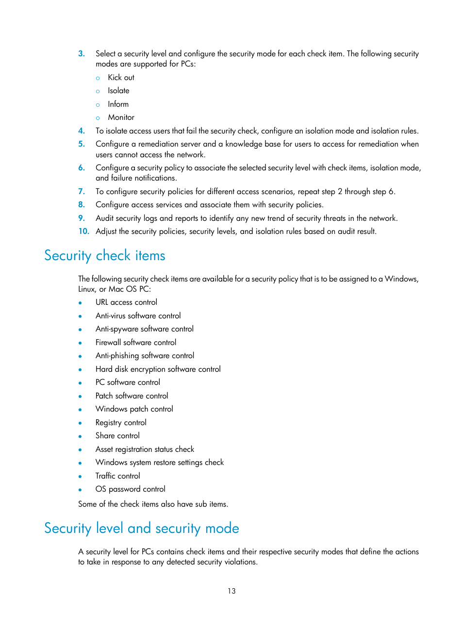 Security check items, Security level and security mode | H3C Technologies H3C Intelligent Management Center User Manual | Page 29 / 327