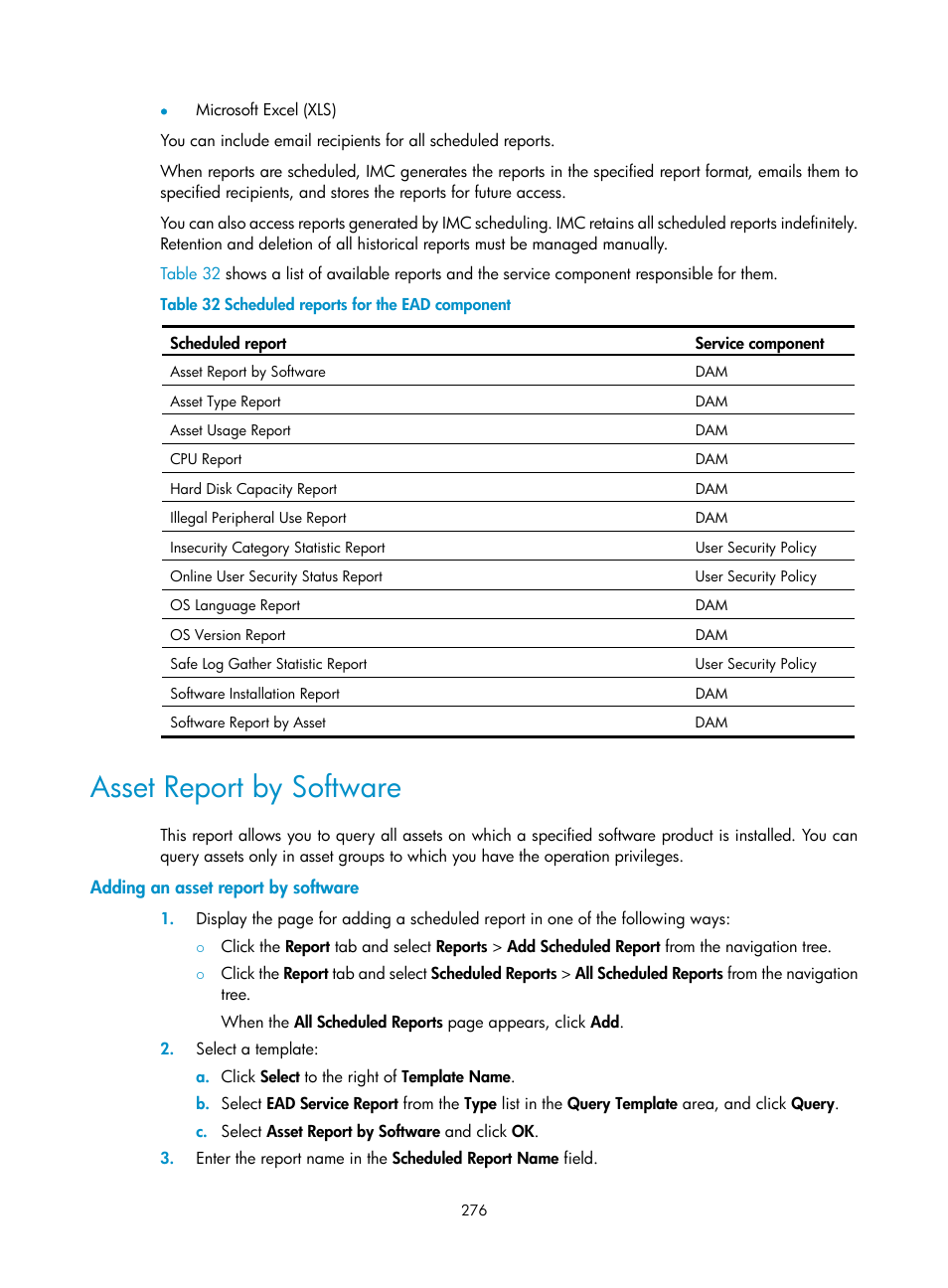 Asset report by software, Adding an asset report by software | H3C Technologies H3C Intelligent Management Center User Manual | Page 292 / 327