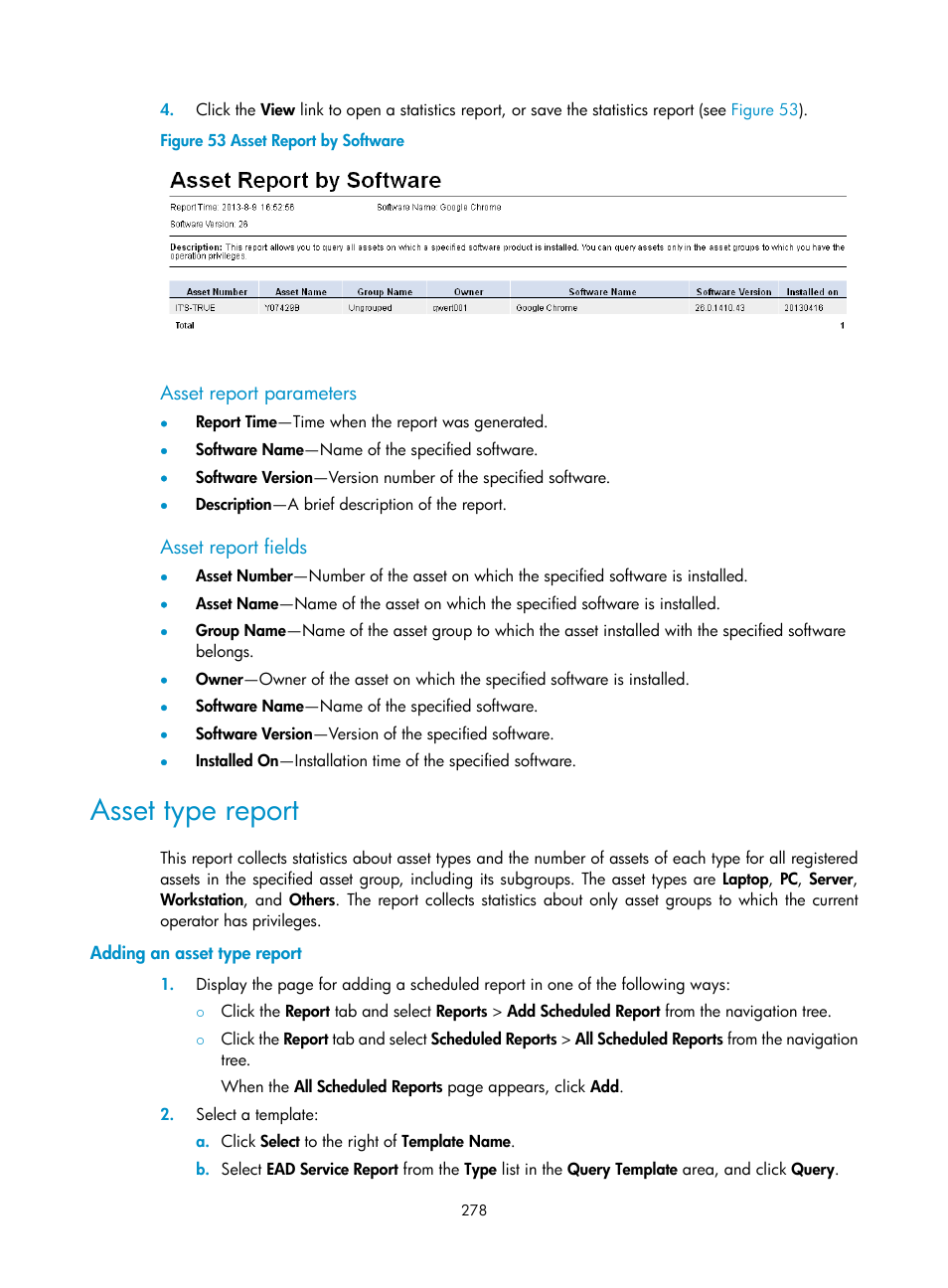 Asset report parameters, Asset report fields, Asset type report | Adding an asset type report | H3C Technologies H3C Intelligent Management Center User Manual | Page 294 / 327