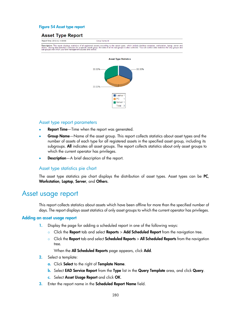 Asset type report parameters, Asset type statistics pie chart, Asset usage report | Adding an asset usage report | H3C Technologies H3C Intelligent Management Center User Manual | Page 296 / 327