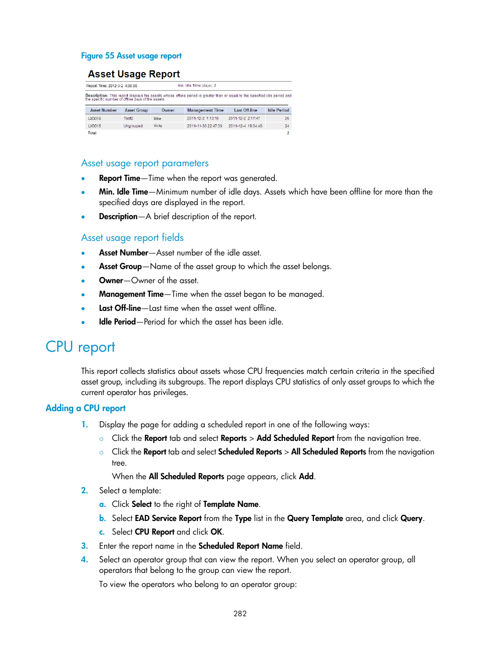 Asset usage report parameters, Asset usage report fields, Cpu report | Adding a cpu report | H3C Technologies H3C Intelligent Management Center User Manual | Page 298 / 327
