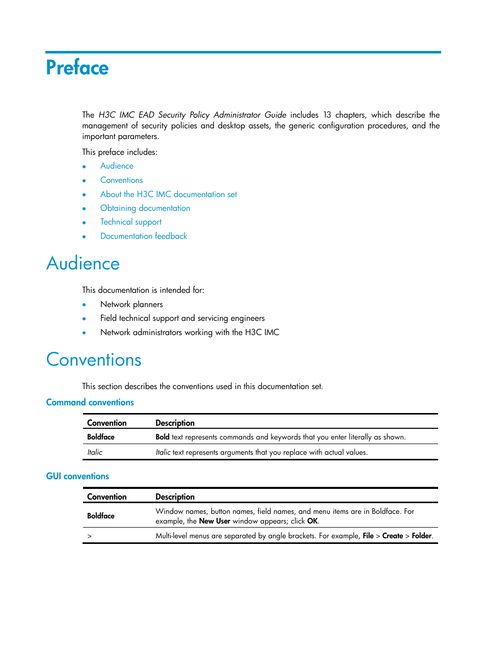 Preface, Audience, Conventions | H3C Technologies H3C Intelligent Management Center User Manual | Page 3 / 327