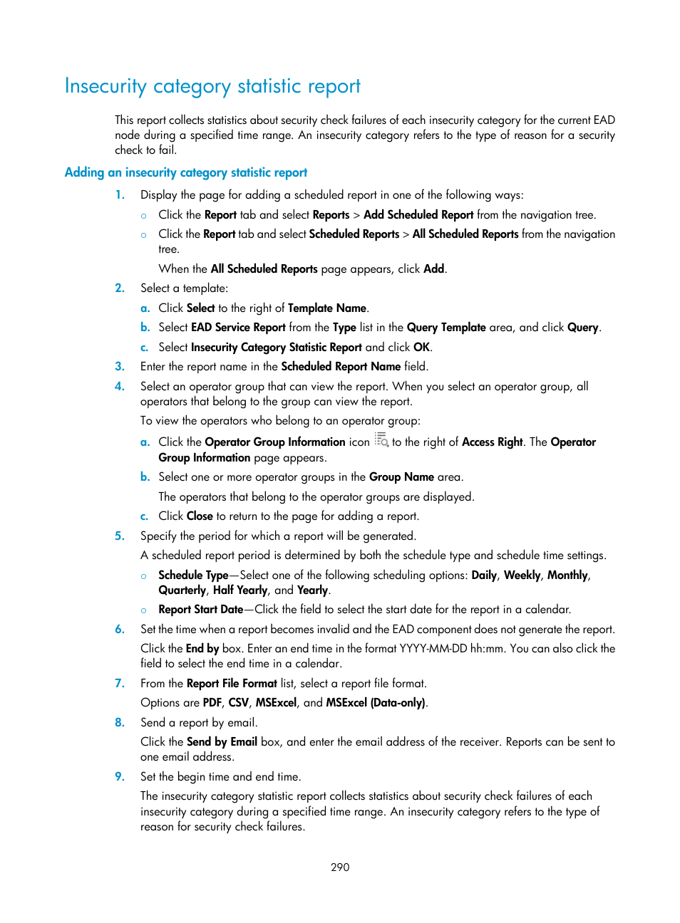 Insecurity category statistic report, Adding an insecurity category statistic report | H3C Technologies H3C Intelligent Management Center User Manual | Page 306 / 327