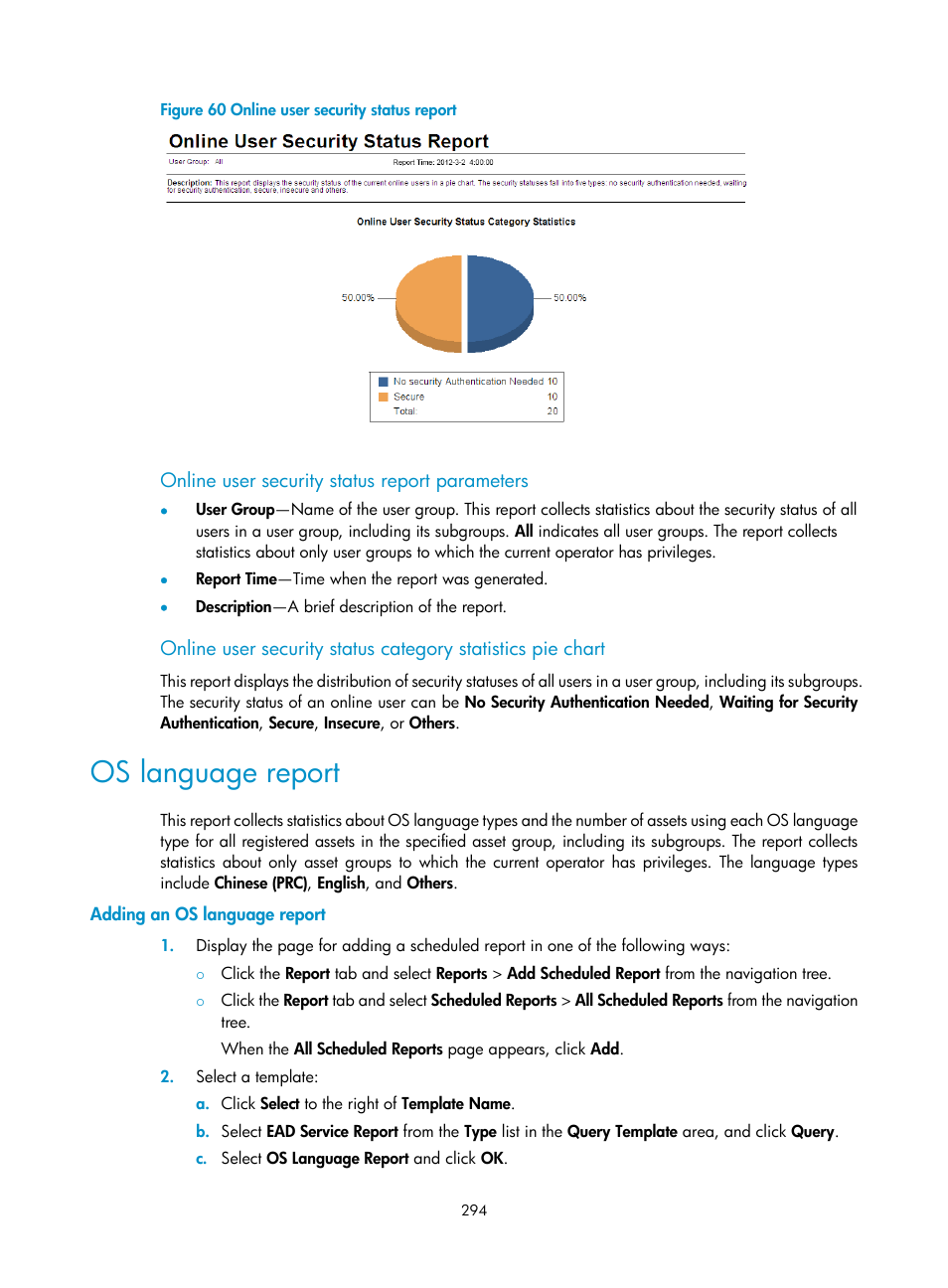 Online user security status report parameters, Os language report, Adding an os language report | H3C Technologies H3C Intelligent Management Center User Manual | Page 310 / 327
