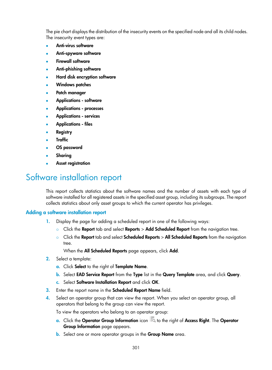 Software installation report, Adding a software installation report | H3C Technologies H3C Intelligent Management Center User Manual | Page 317 / 327