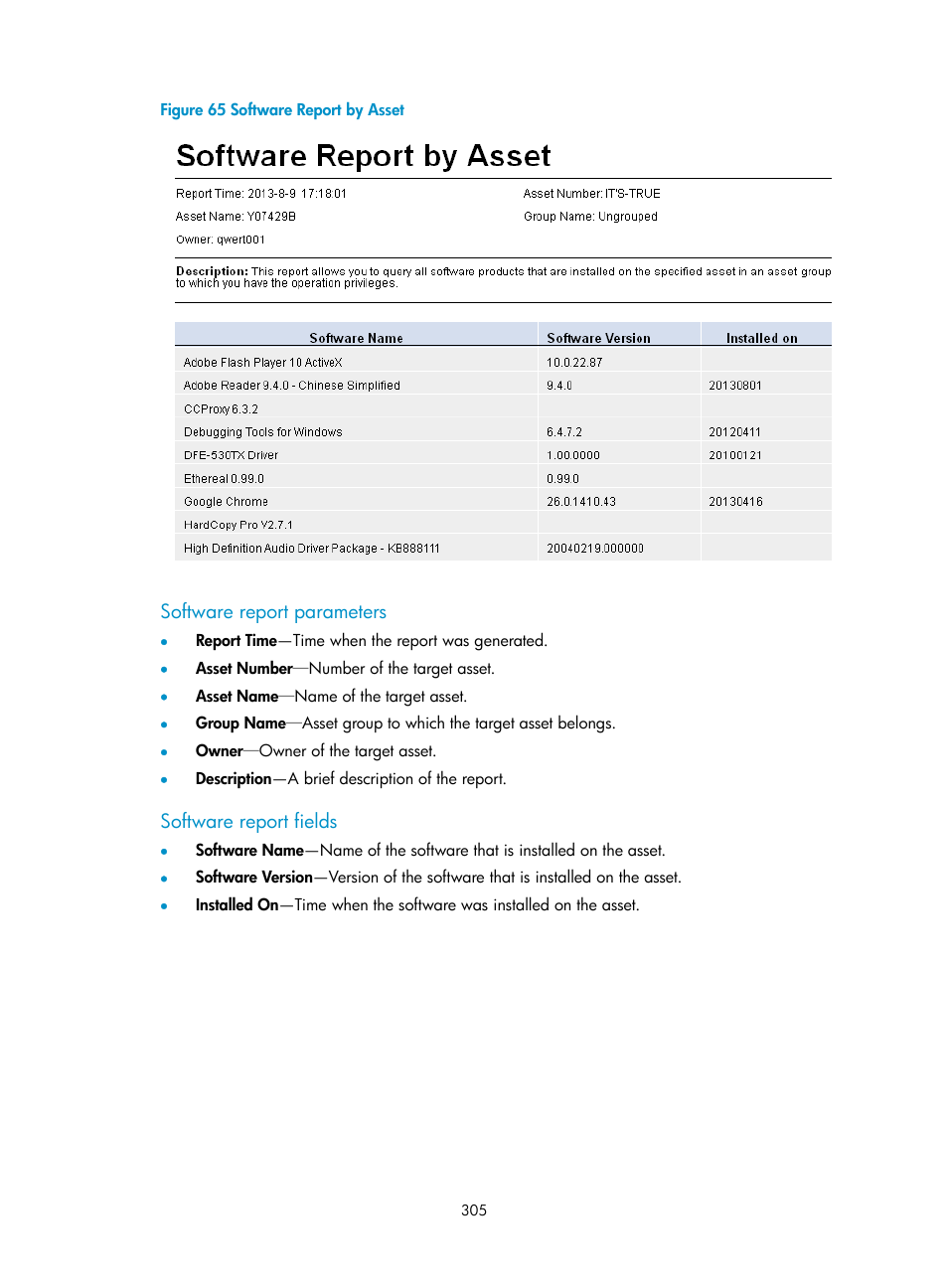 Software report parameters, Software report fields | H3C Technologies H3C Intelligent Management Center User Manual | Page 321 / 327