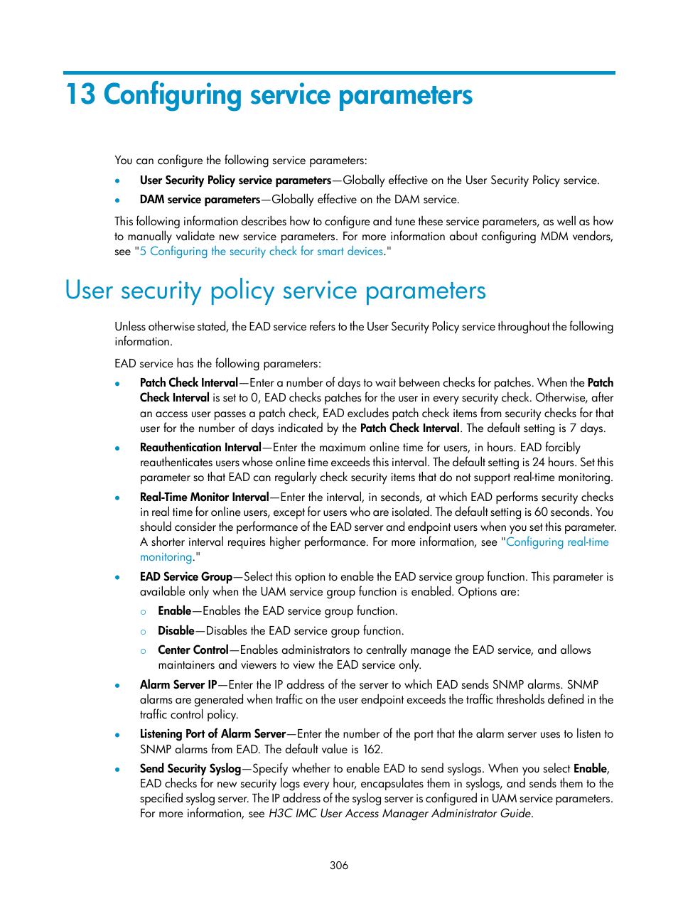 13 configuring service parameters, User security policy service parameters, User security policy | Service parameters | H3C Technologies H3C Intelligent Management Center User Manual | Page 322 / 327