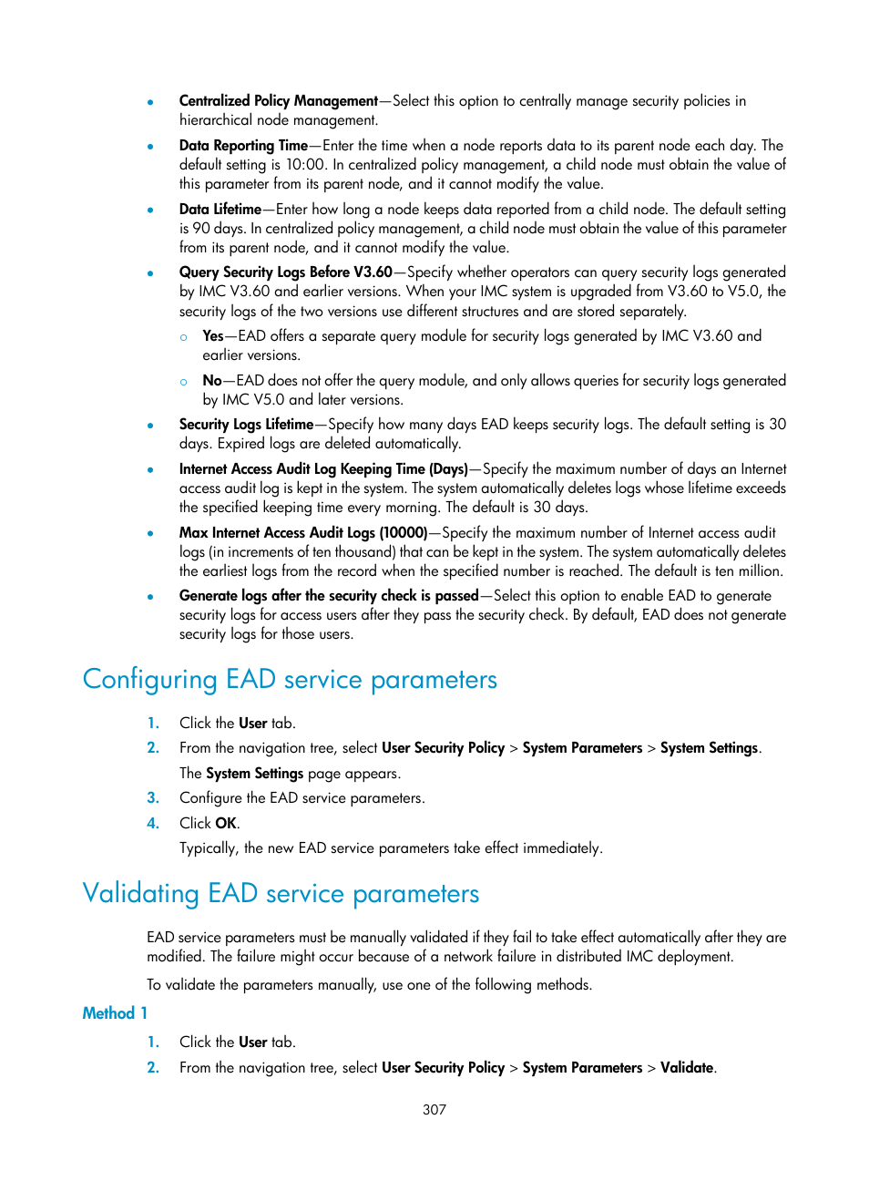 Configuring ead service parameters, Validating ead service parameters, Method 1 | H3C Technologies H3C Intelligent Management Center User Manual | Page 323 / 327