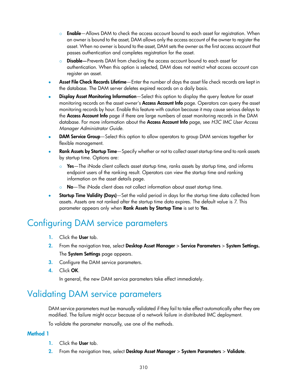 Configuring dam service parameters, Validating dam service parameters, Method 1 | H3C Technologies H3C Intelligent Management Center User Manual | Page 326 / 327