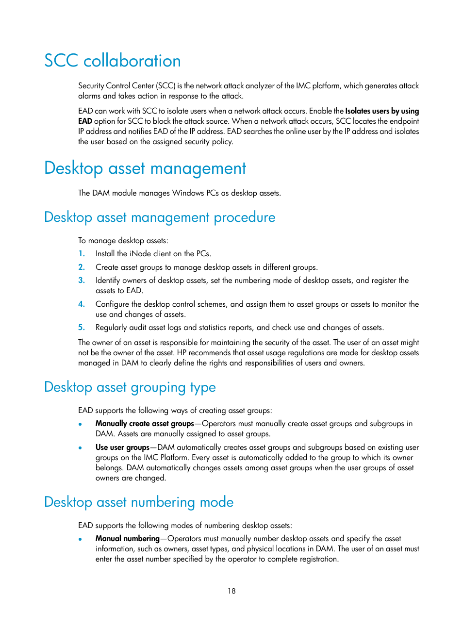 Scc collaboration, Desktop asset management, Desktop asset management procedure | Desktop asset grouping type, Desktop asset numbering mode | H3C Technologies H3C Intelligent Management Center User Manual | Page 34 / 327