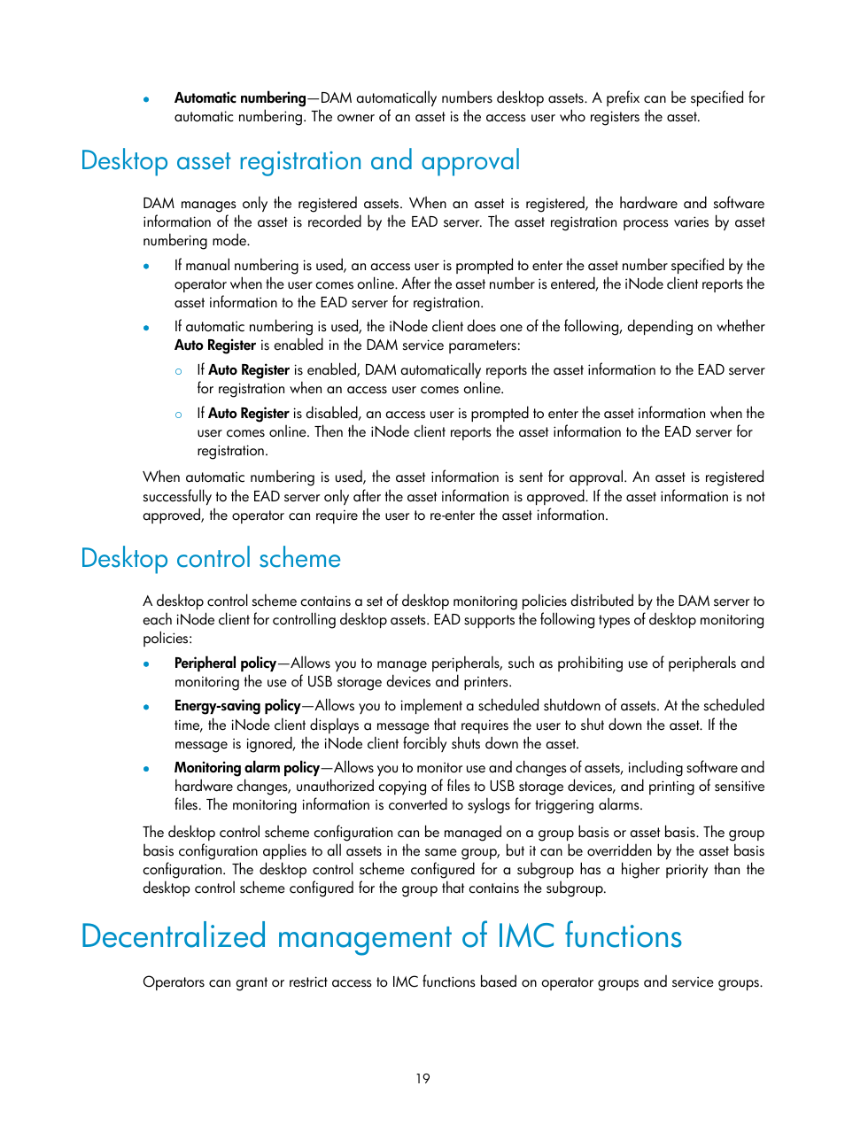 Desktop asset registration and approval, Desktop control scheme, Decentralized management of imc functions | H3C Technologies H3C Intelligent Management Center User Manual | Page 35 / 327