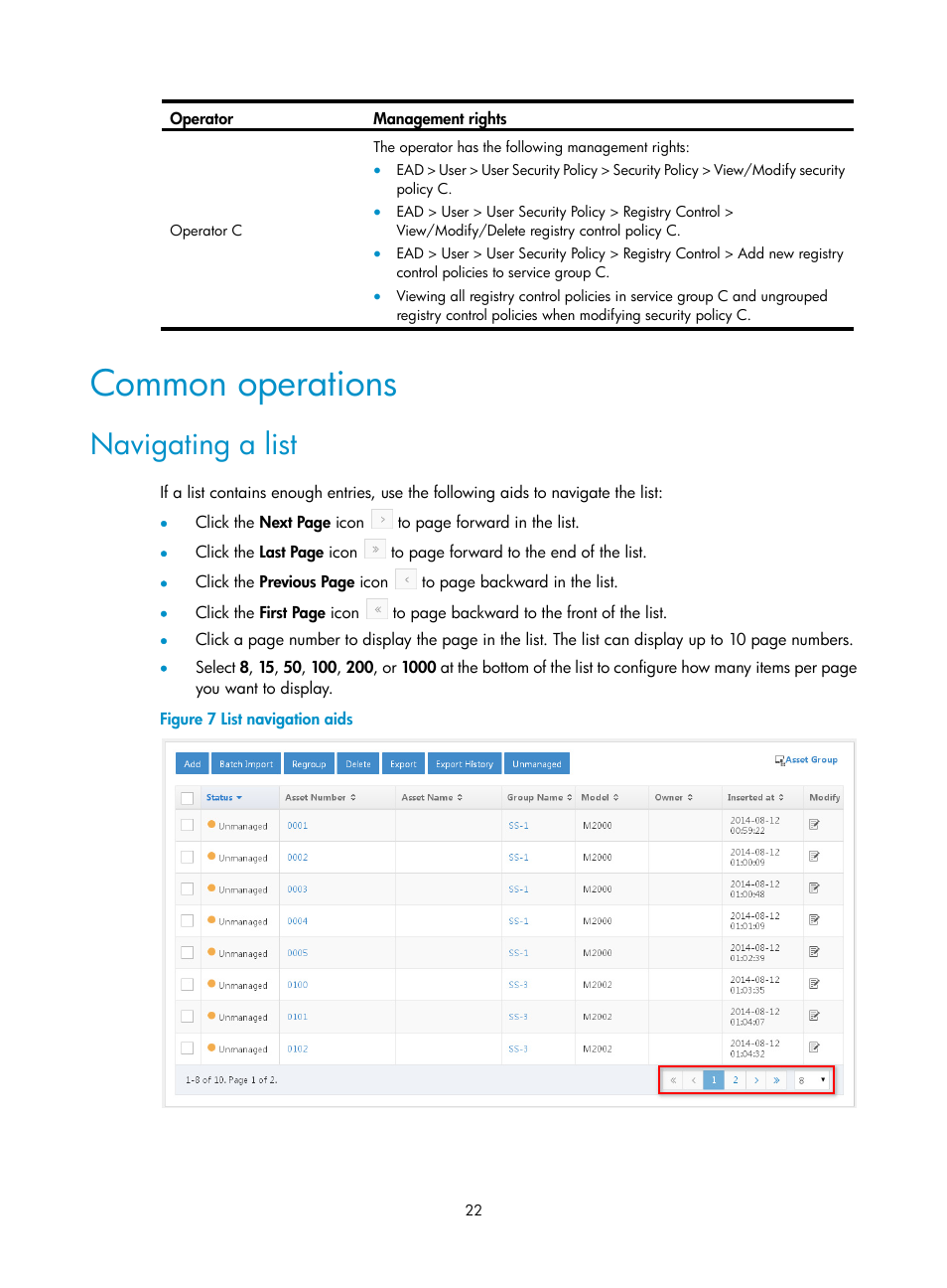 Common operations, Navigating a list | H3C Technologies H3C Intelligent Management Center User Manual | Page 38 / 327