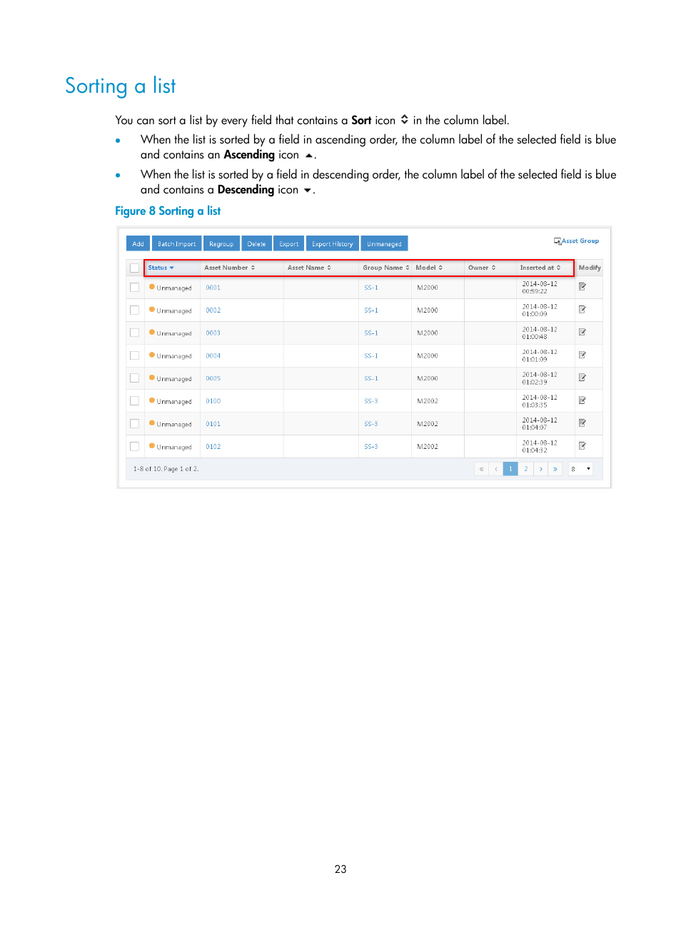 Sorting a list | H3C Technologies H3C Intelligent Management Center User Manual | Page 39 / 327