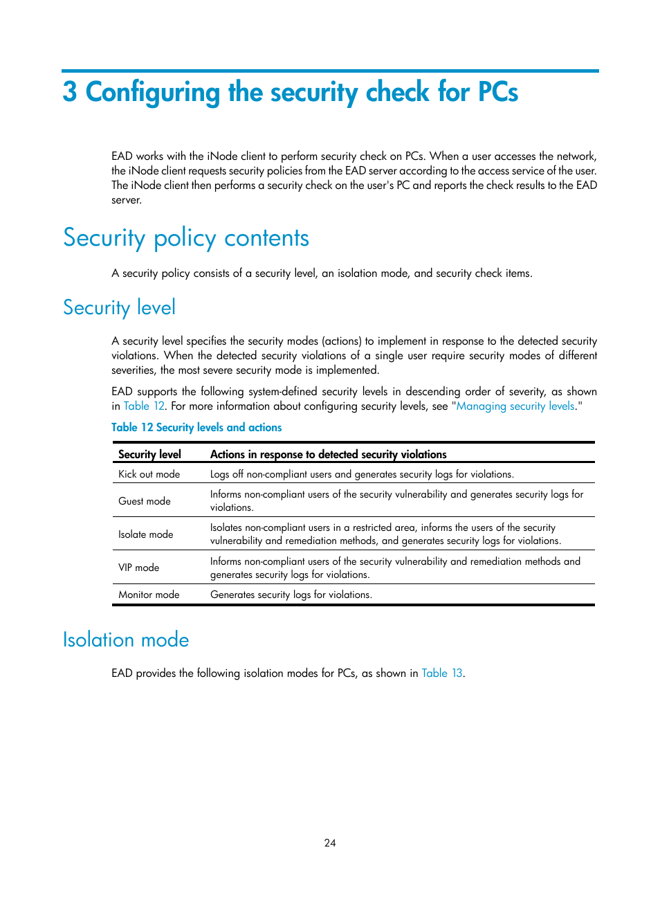 3 configuring the security check for pcs, Security policy contents, Security level | Isolation mode | H3C Technologies H3C Intelligent Management Center User Manual | Page 40 / 327