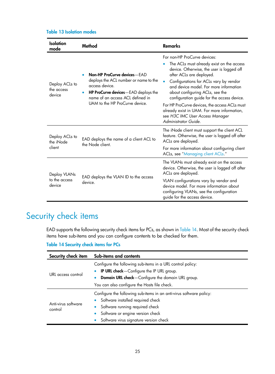 Security check items, Table 13 | H3C Technologies H3C Intelligent Management Center User Manual | Page 41 / 327
