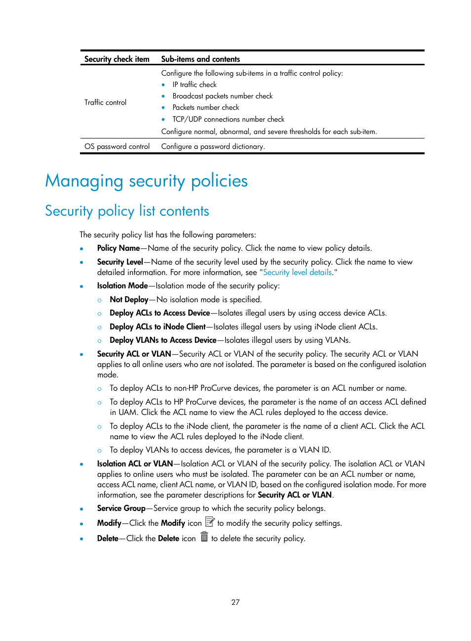 Managing security policies, Security policy list contents | H3C Technologies H3C Intelligent Management Center User Manual | Page 43 / 327