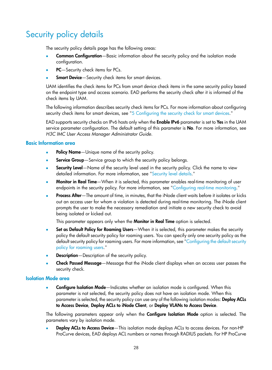Security policy details, Basic information area, Isolation mode area | H3C Technologies H3C Intelligent Management Center User Manual | Page 44 / 327