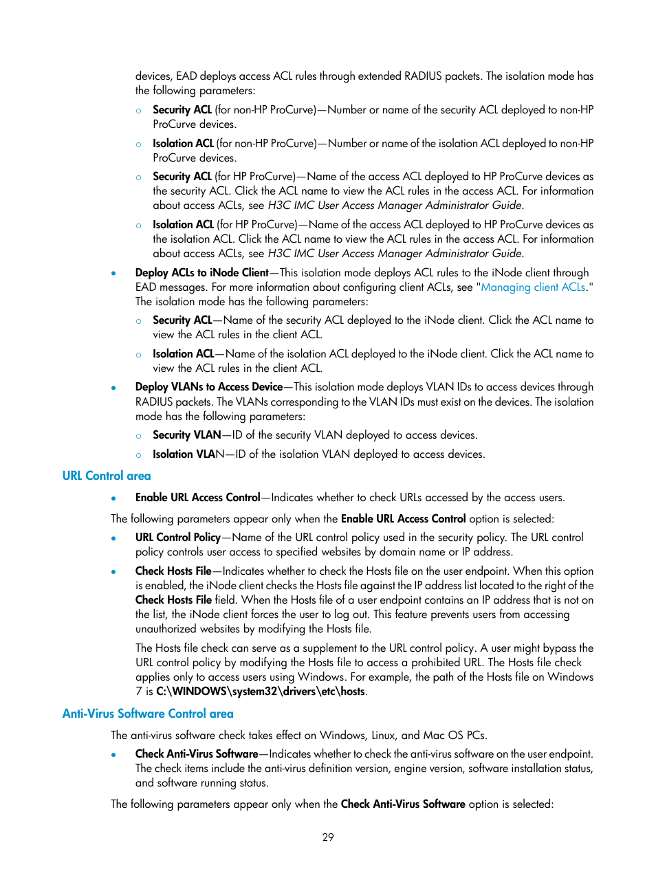 Url control area, Anti-virus software control area | H3C Technologies H3C Intelligent Management Center User Manual | Page 45 / 327