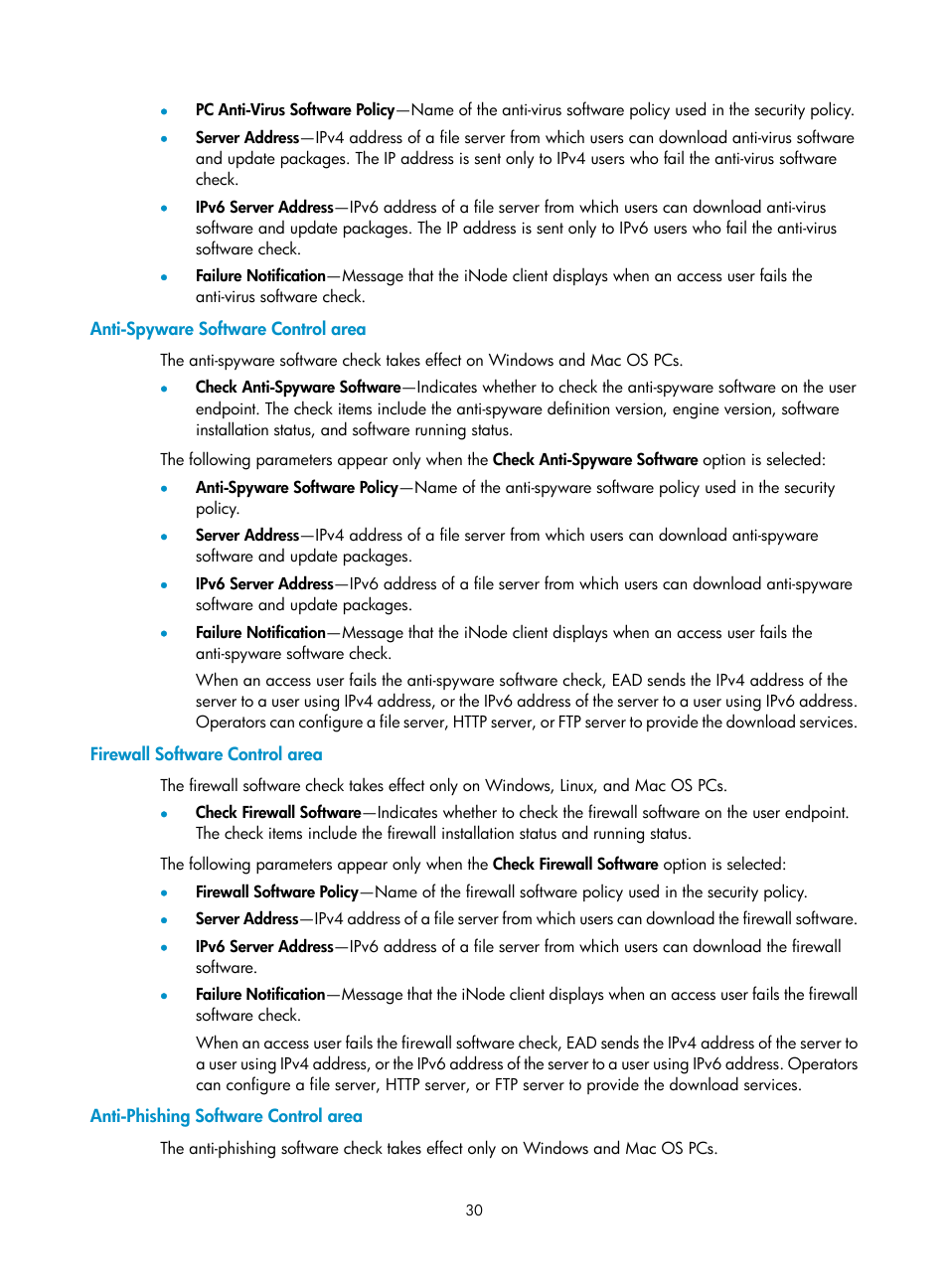 Anti-spyware software control area, Firewall software control area, Anti-phishing software control area | H3C Technologies H3C Intelligent Management Center User Manual | Page 46 / 327