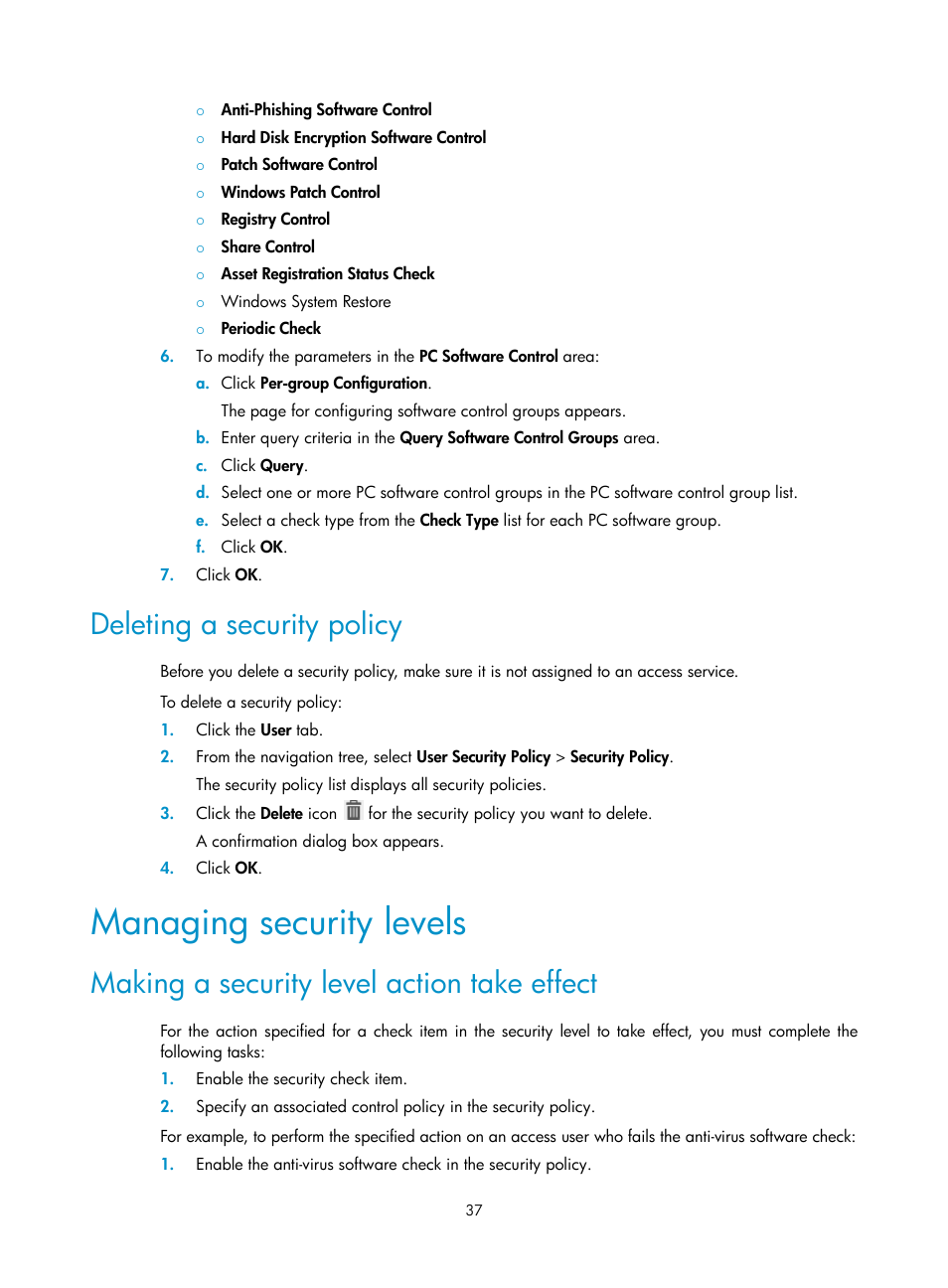 Deleting a security policy, Managing security levels, Making a security level action take effect | H3C Technologies H3C Intelligent Management Center User Manual | Page 53 / 327