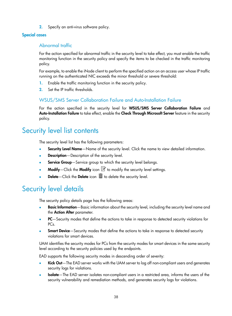 Special cases, Abnormal traffic, Security level list contents | Security level details | H3C Technologies H3C Intelligent Management Center User Manual | Page 54 / 327