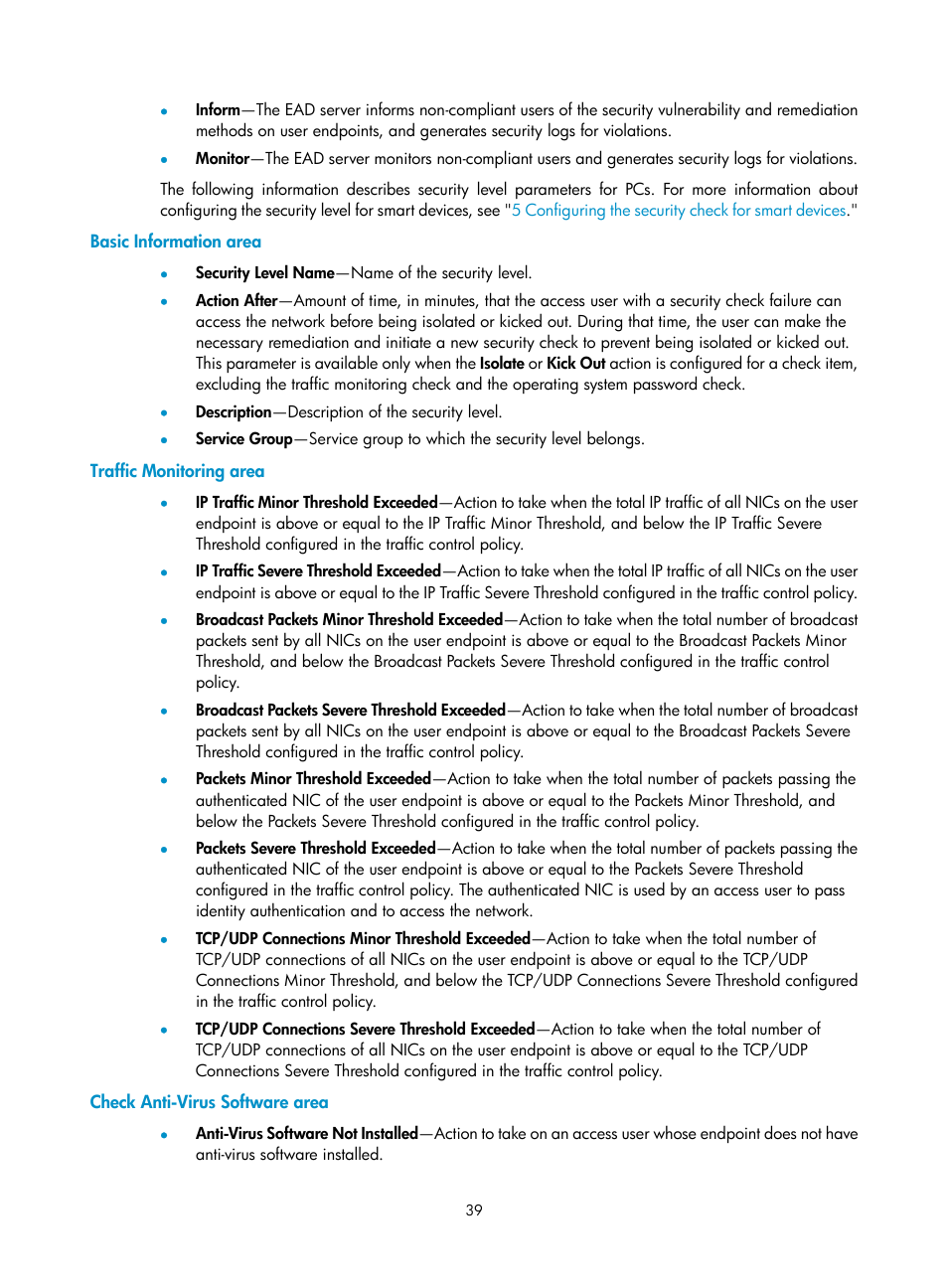Basic information area, Traffic monitoring area, Check anti-virus software area | H3C Technologies H3C Intelligent Management Center User Manual | Page 55 / 327
