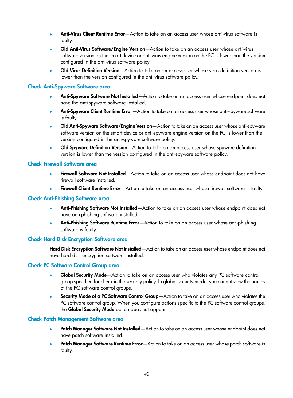 Check anti-spyware software area, Check firewall software area, Check anti-phishing software area | Check hard disk encryption software area, Check pc software control group area, Check patch management software area | H3C Technologies H3C Intelligent Management Center User Manual | Page 56 / 327