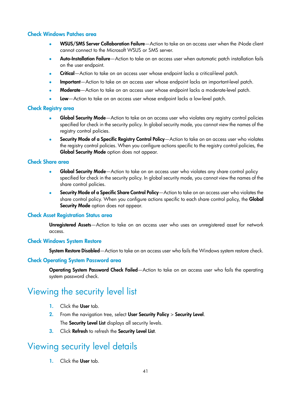 Check windows patches area, Check registry area, Check share area | Check asset registration status area, Check windows system restore, Check operating system password area, Viewing the security level list, Viewing security level details | H3C Technologies H3C Intelligent Management Center User Manual | Page 57 / 327