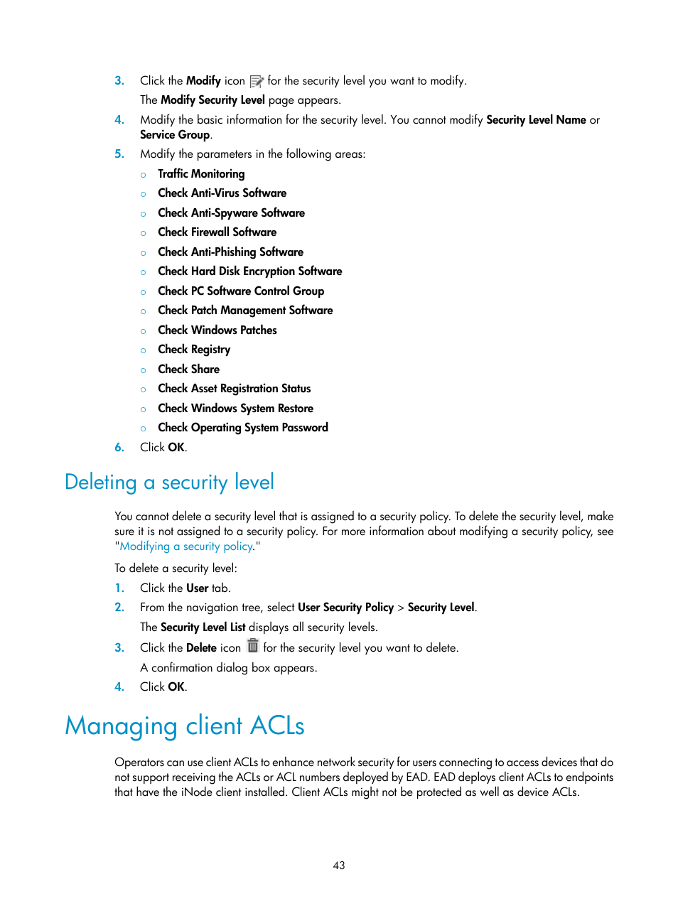 Deleting a security level, Managing client acls | H3C Technologies H3C Intelligent Management Center User Manual | Page 59 / 327