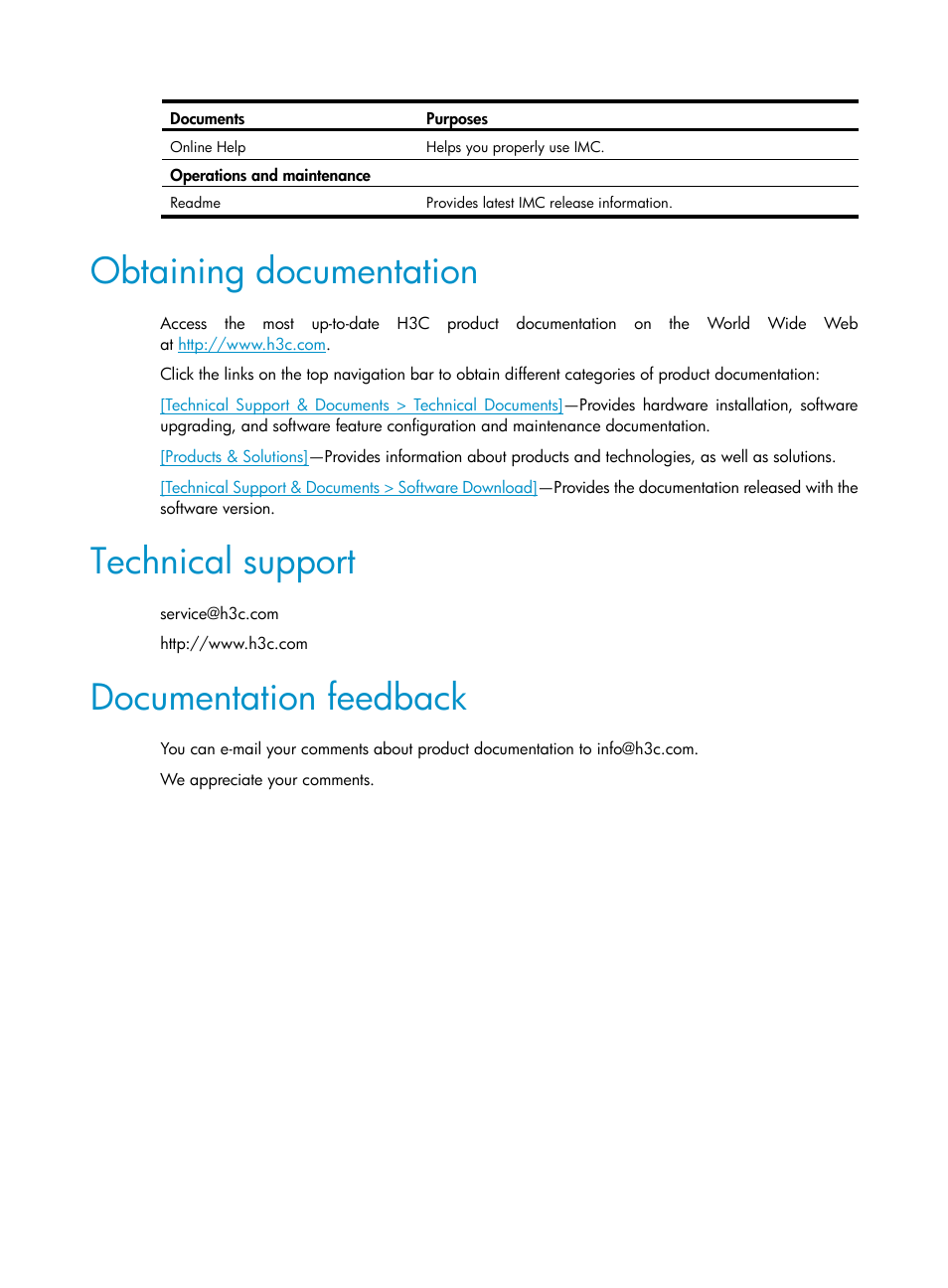 Obtaining documentation, Technical support, Documentation feedback | H3C Technologies H3C Intelligent Management Center User Manual | Page 6 / 327