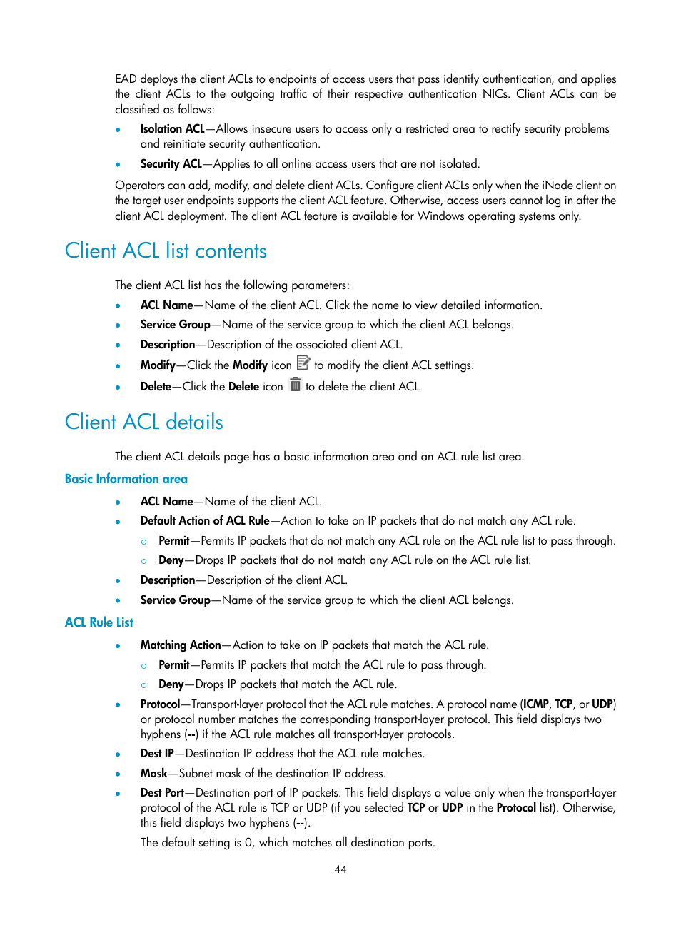 Client acl list contents, Client acl details, Basic information area | Acl rule list | H3C Technologies H3C Intelligent Management Center User Manual | Page 60 / 327