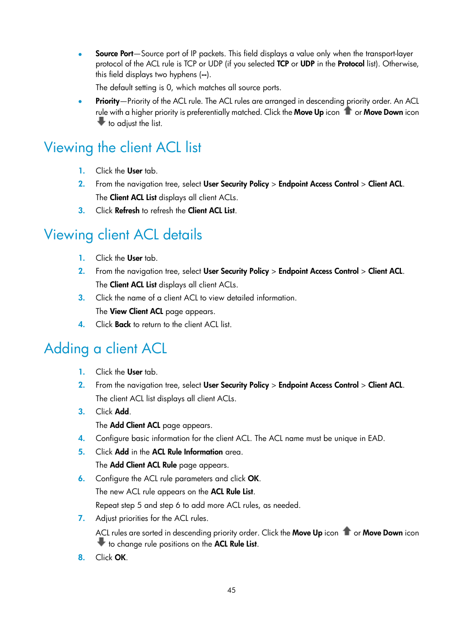 Viewing the client acl list, Viewing client acl details, Adding a client acl | H3C Technologies H3C Intelligent Management Center User Manual | Page 61 / 327