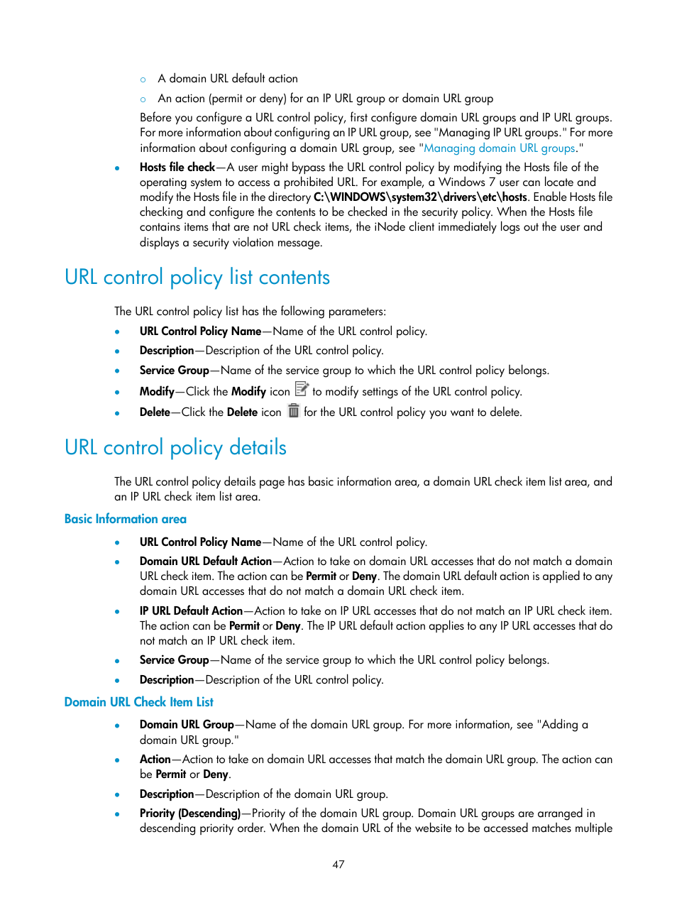 Url control policy list contents, Url control policy details, Basic information area | Domain url check item list | H3C Technologies H3C Intelligent Management Center User Manual | Page 63 / 327