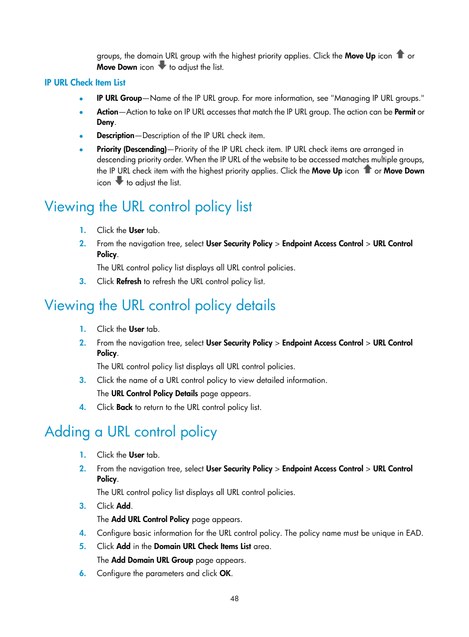 Ip url check item list, Viewing the url control policy list, Viewing the url control policy details | Adding a url control policy | H3C Technologies H3C Intelligent Management Center User Manual | Page 64 / 327