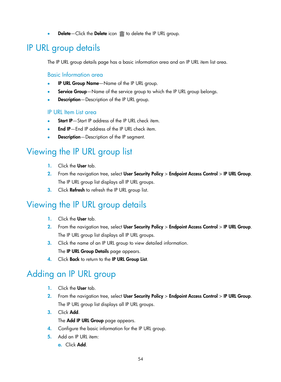 Ip url group details, Basic information area, Ip url item list area | Viewing the ip url group list, Viewing the ip url group details, Adding an ip url group | H3C Technologies H3C Intelligent Management Center User Manual | Page 70 / 327