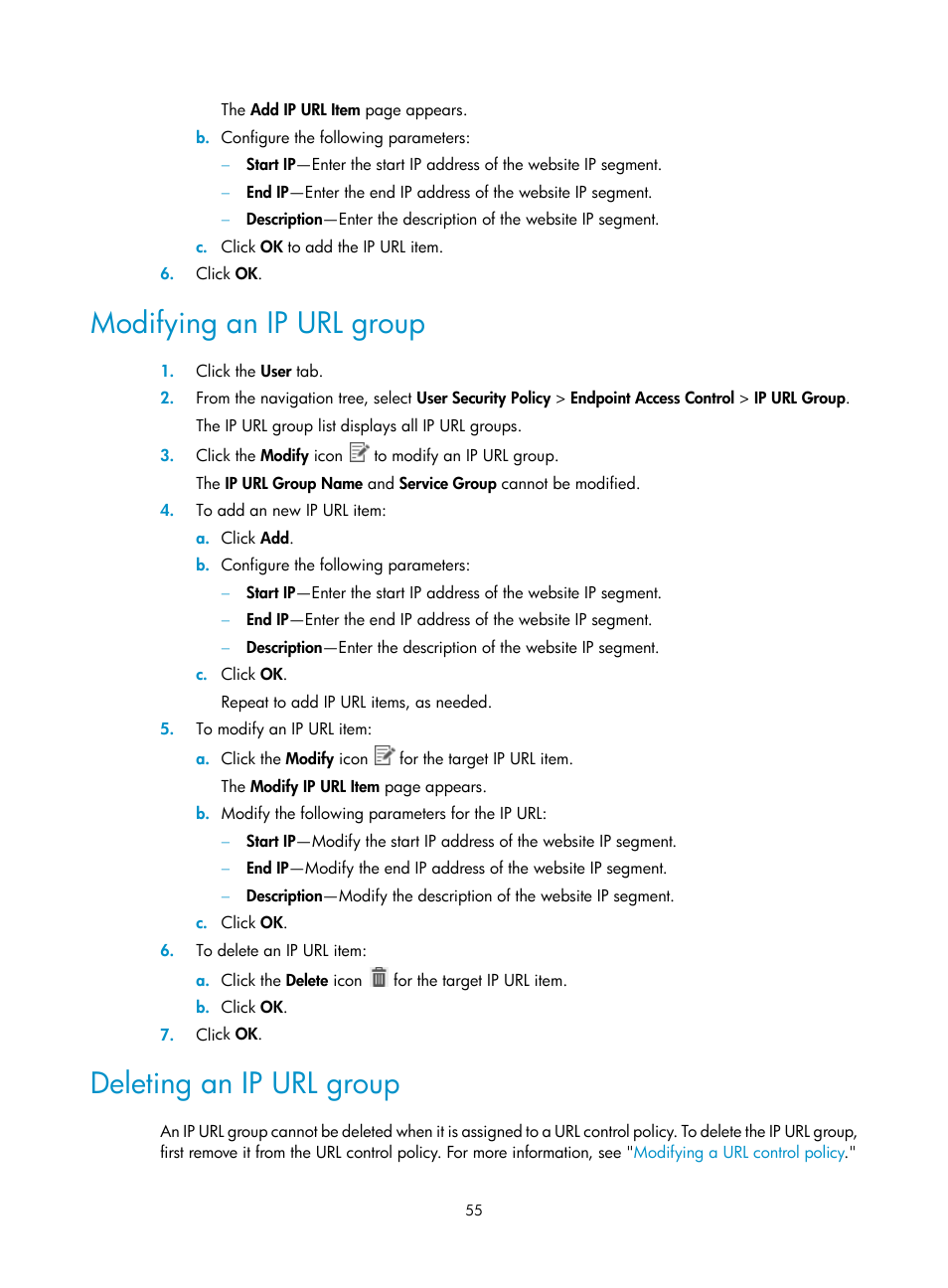 Modifying an ip url group, Deleting an ip url group | H3C Technologies H3C Intelligent Management Center User Manual | Page 71 / 327