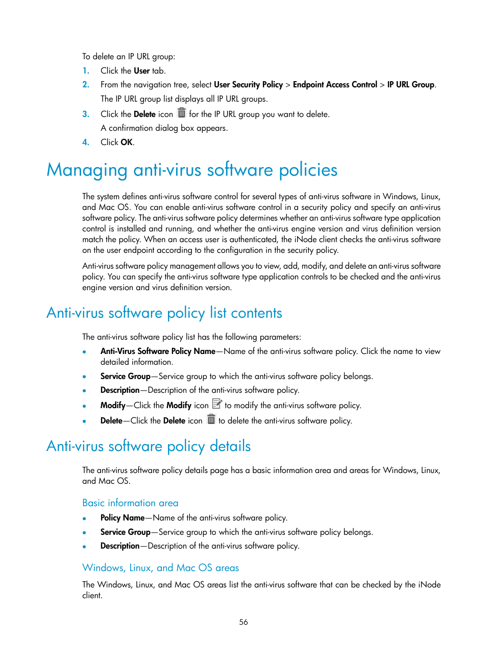 Managing anti-virus software policies, Anti-virus software policy list contents, Anti-virus software policy details | Basic information area, Windows, linux, and mac os areas | H3C Technologies H3C Intelligent Management Center User Manual | Page 72 / 327
