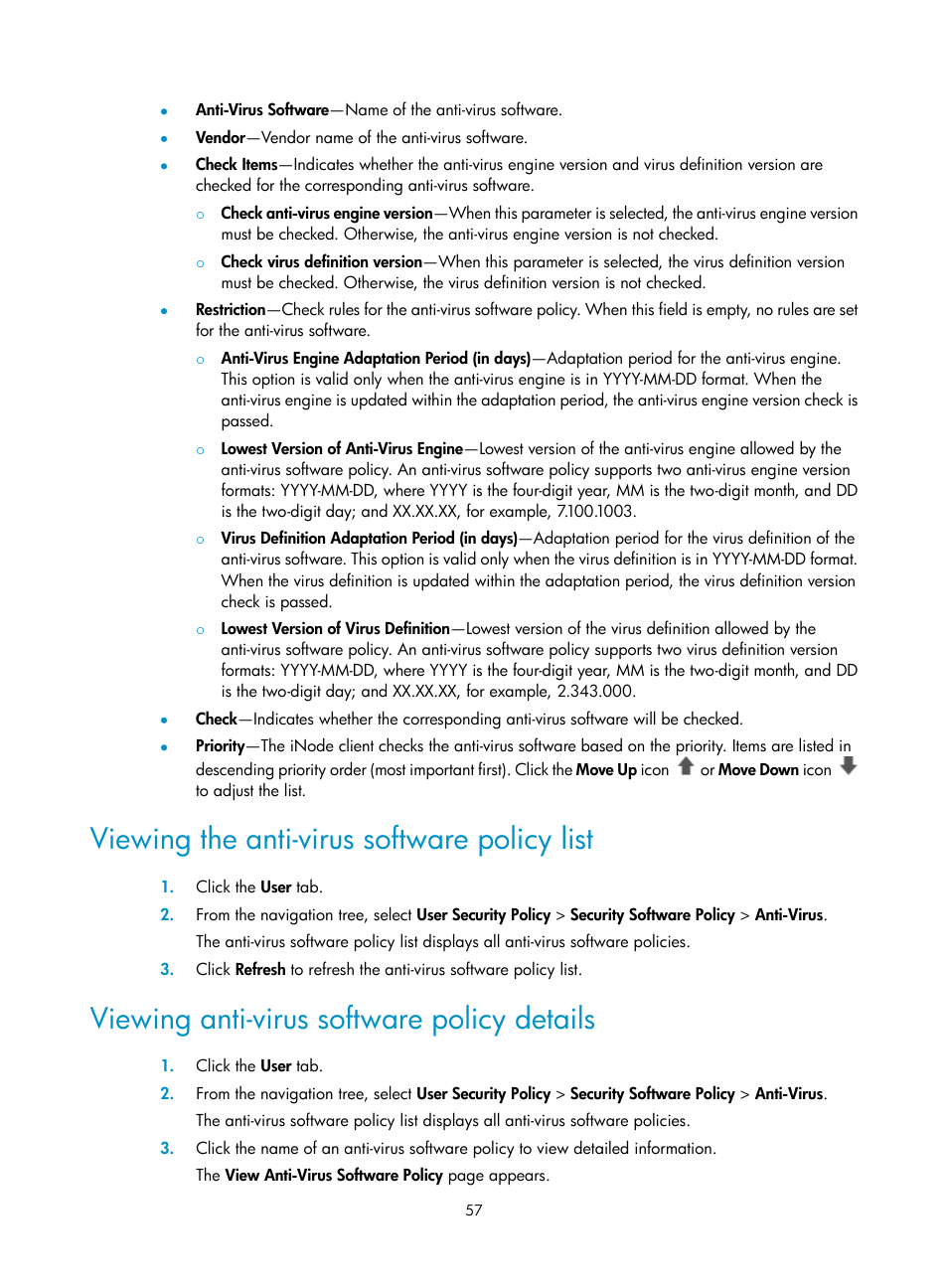 Viewing the anti-virus software policy list, Viewing anti-virus software policy details | H3C Technologies H3C Intelligent Management Center User Manual | Page 73 / 327