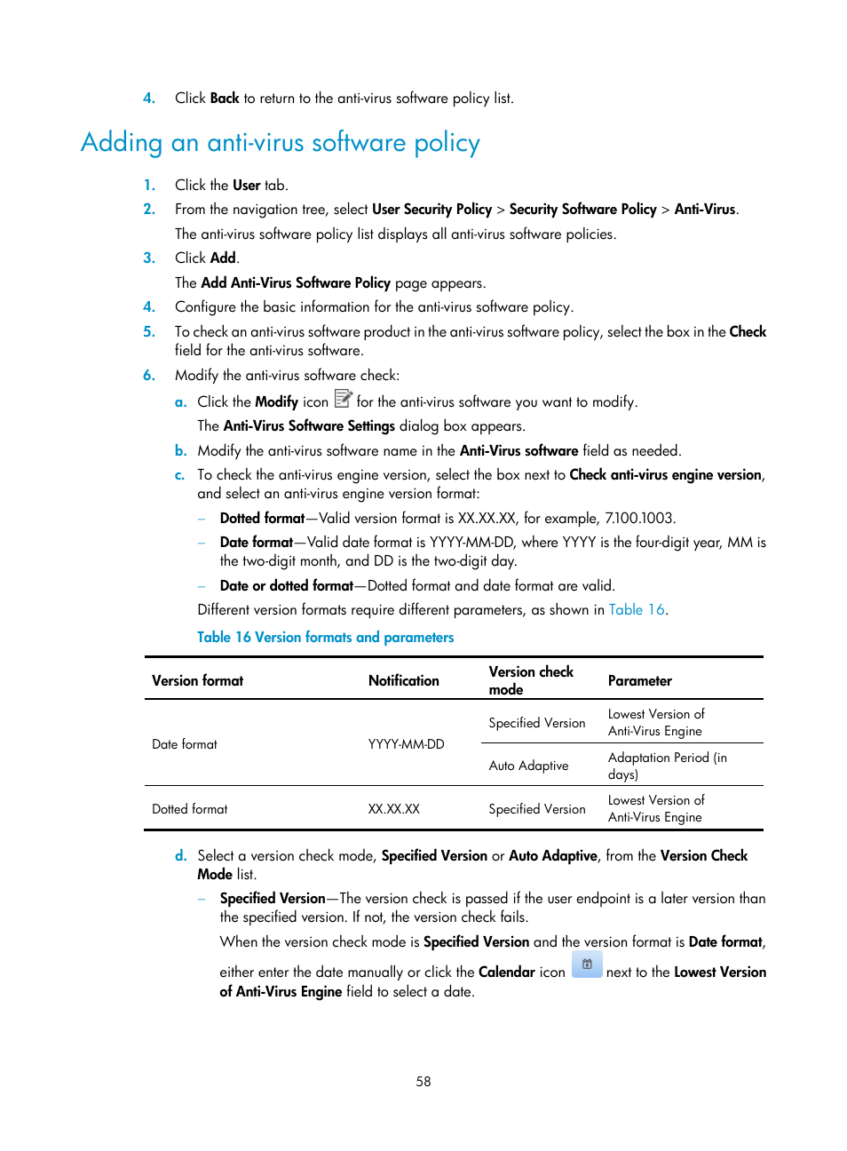 Adding an anti-virus software policy | H3C Technologies H3C Intelligent Management Center User Manual | Page 74 / 327