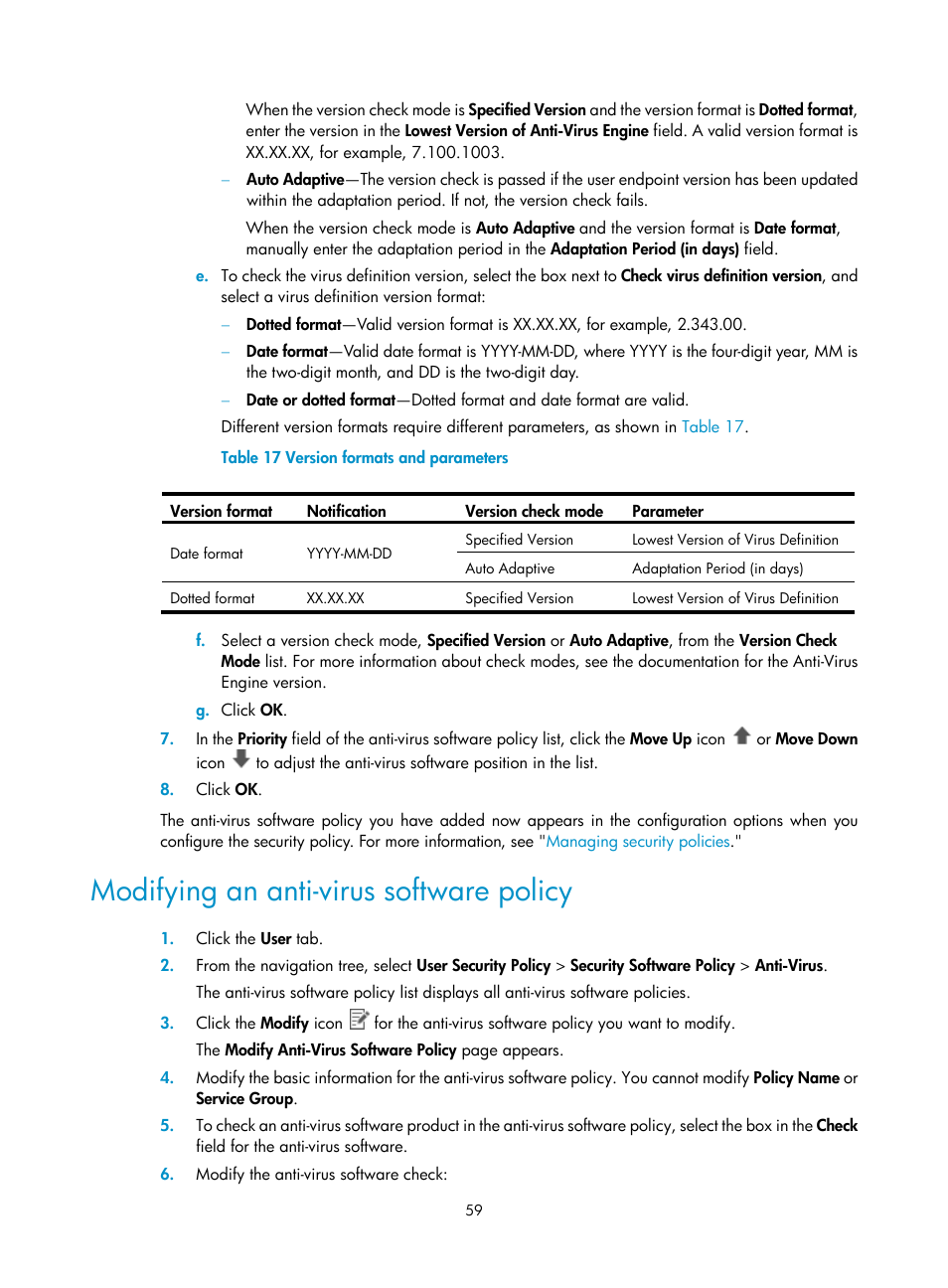 Modifying an anti-virus software policy | H3C Technologies H3C Intelligent Management Center User Manual | Page 75 / 327