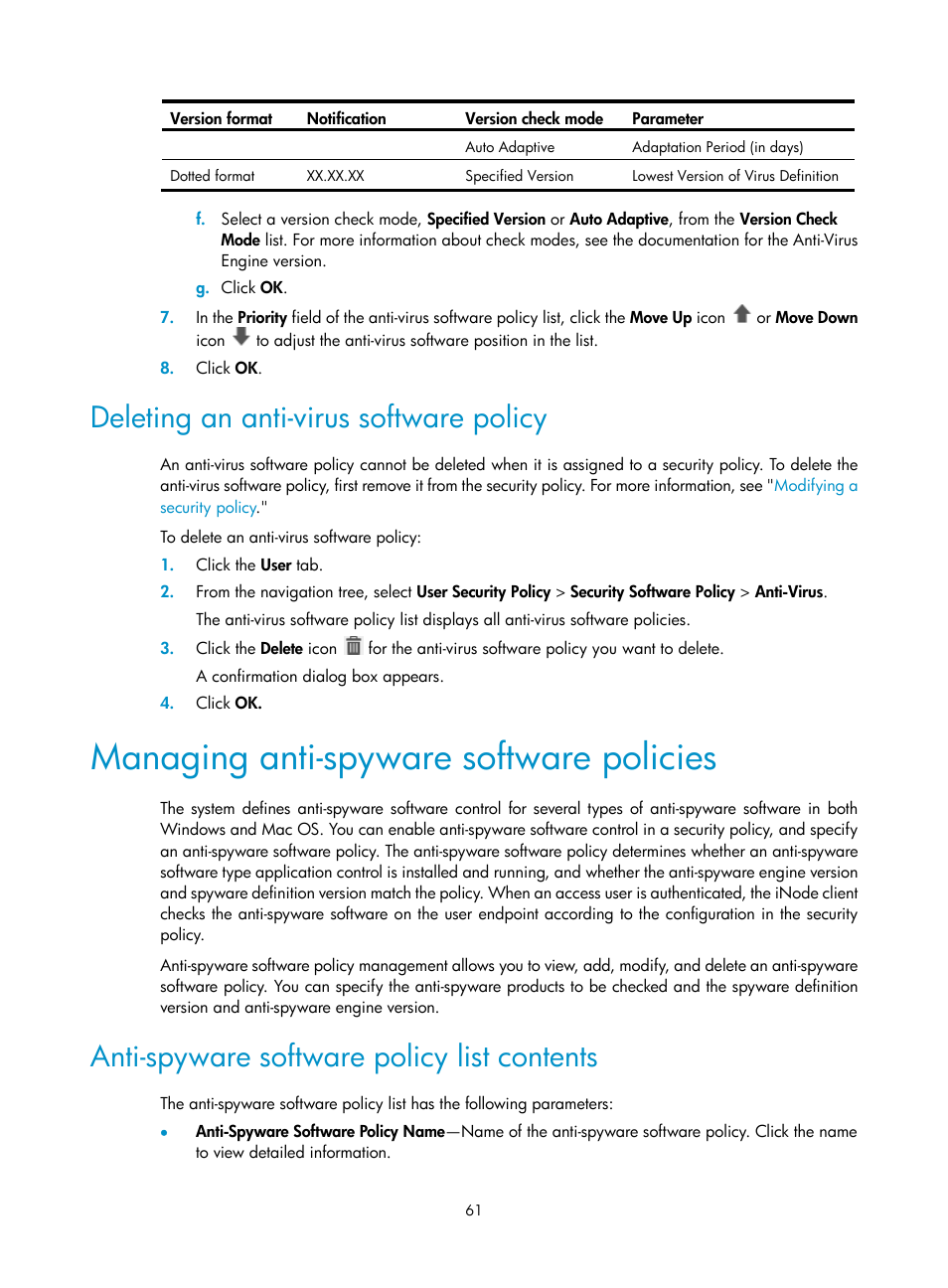 Deleting an anti-virus software policy, Managing anti-spyware software policies, Anti-spyware software policy list contents | H3C Technologies H3C Intelligent Management Center User Manual | Page 77 / 327